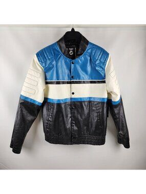 Fried Denim Jacket Mens M Multicolor Faux Leather Moto Biker Snaps NWT